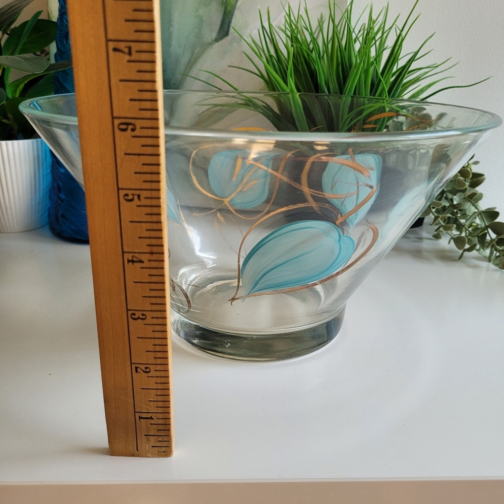 Vintage Anchor Hocking Chip Bowl Blue Leaf Gold Mid Century Modern